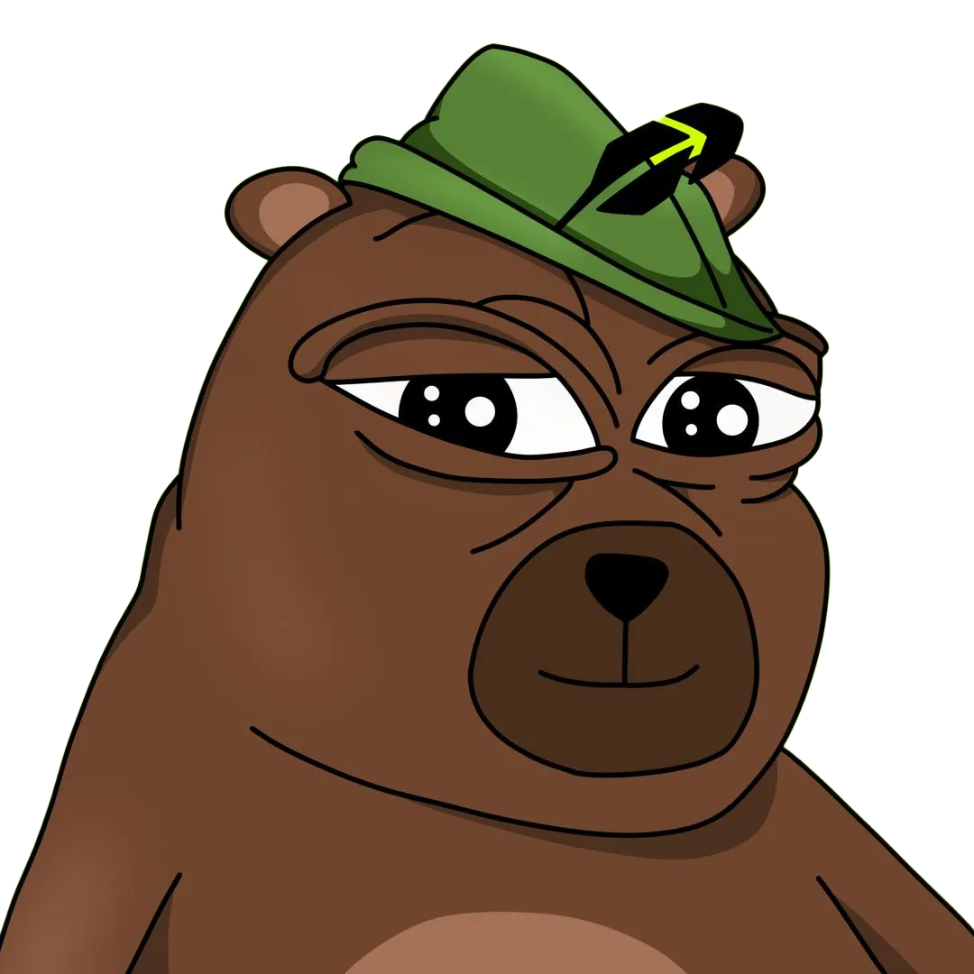 Bobo the bear wearing a green hat stamped with the Robinhood arrow